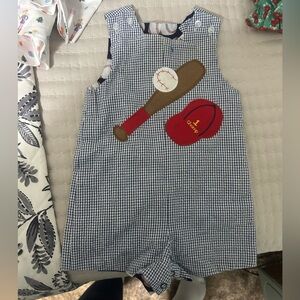 Blue Checkered Baby Romper with Baseball Design